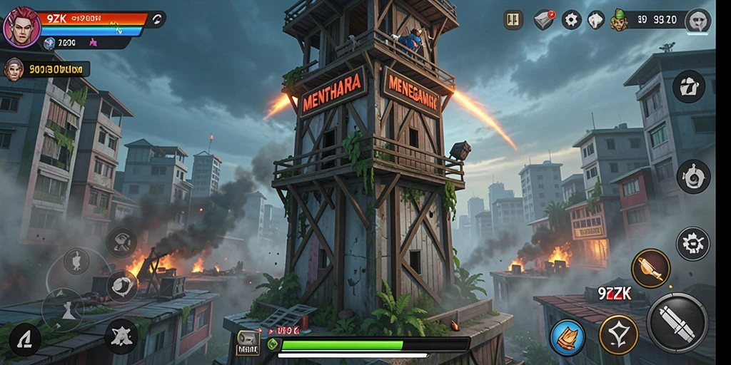 Tampilan menara dan musuh dalam gameplay 9ZK yang menegangkan.