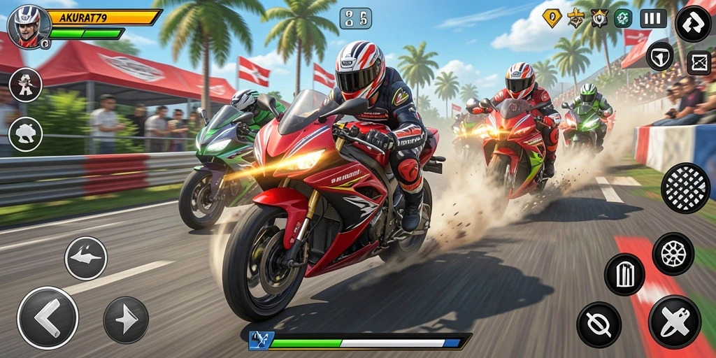 Screenshot gameplay AKURAT79 menampilkan aksi balapan motor seru.