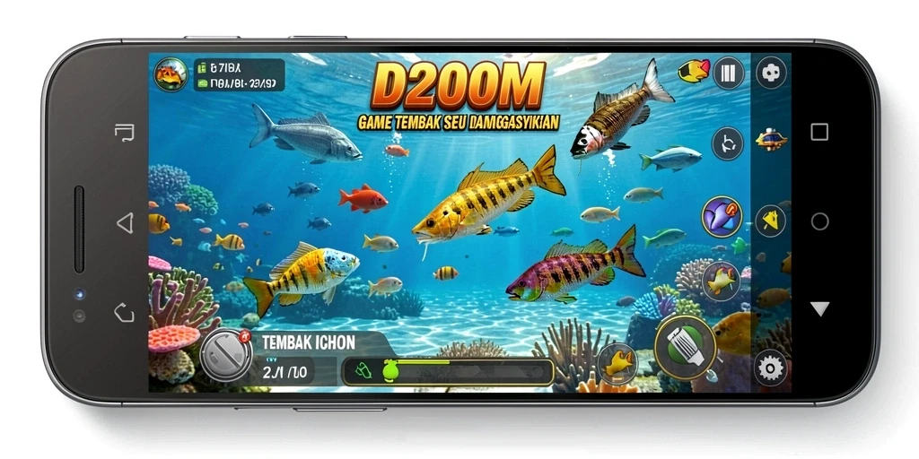 Tampilan gameplay D200M dengan ikan berwarna-warni yang menawan.
