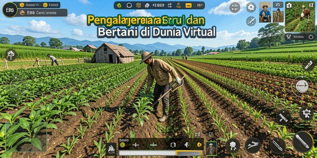 Tangkapan layar E88 menunjukkan gameplay bertani yang seru dan penuh warna.