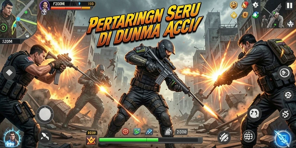 Screenshot F200M menunjukkan pertempuran aksi intens di layar.