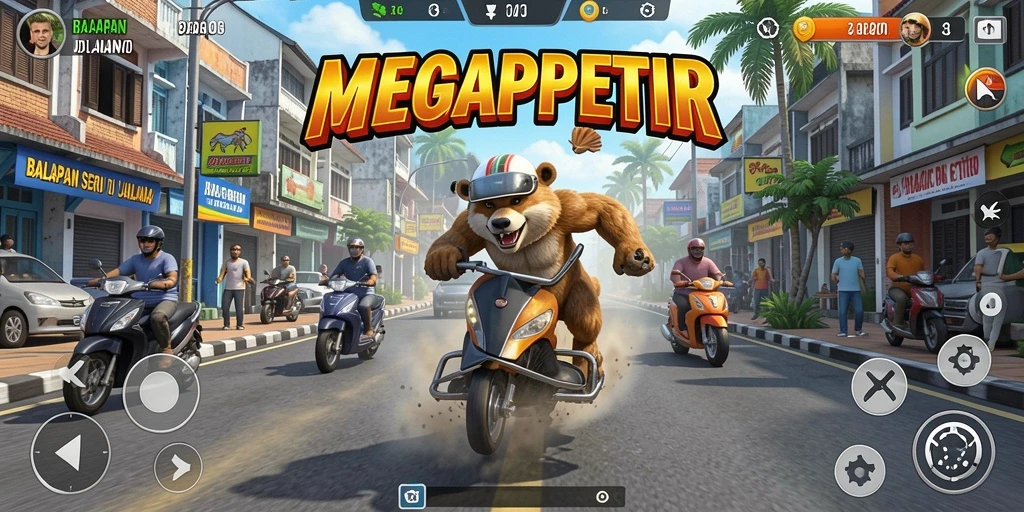 Screenshot gameplay <strong>MEGAPETIR</strong> menampilkan aksi balapan yang mendebarkan.