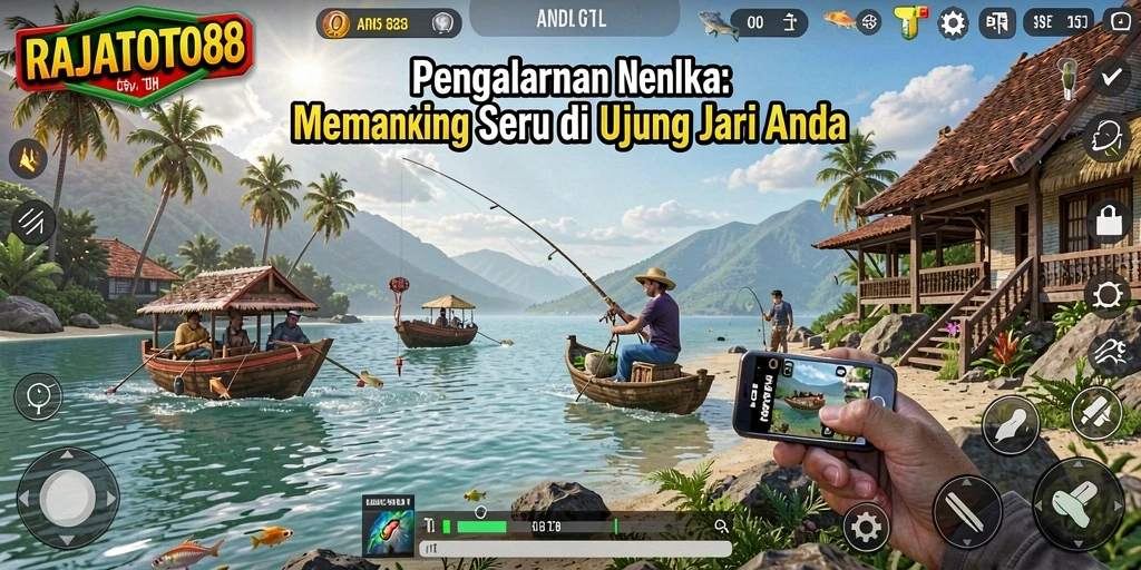 Screenshot RAJATOTO88 menunjukkan aksi memancing yang seru di alam yang indah.