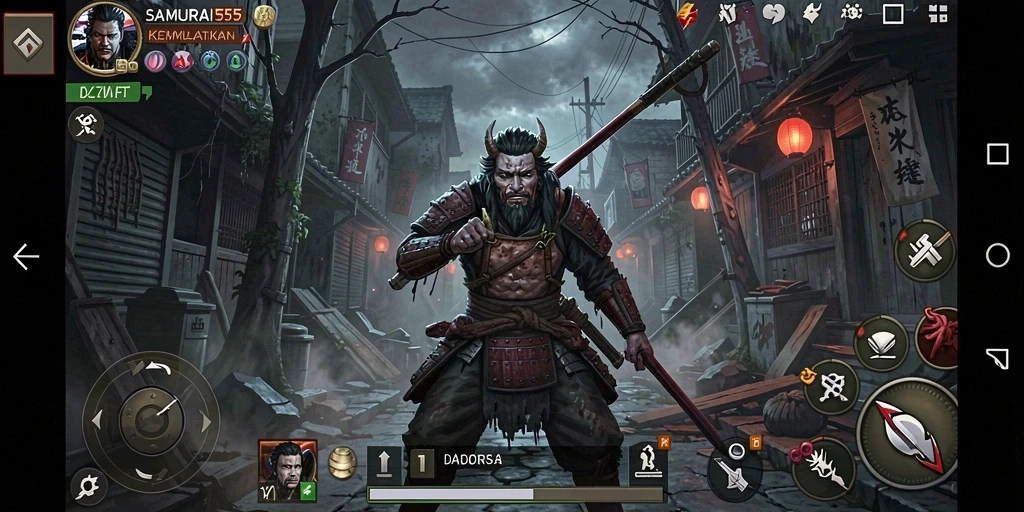 Tangkapan layar gameplay SAMURAI555 menunjukkan momen mencekam di lingkungan gelap.