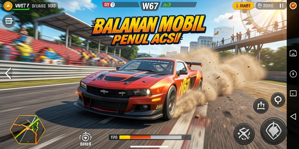 Tampilan gameplay W67 yang intens dengan mobil balap beraksi.